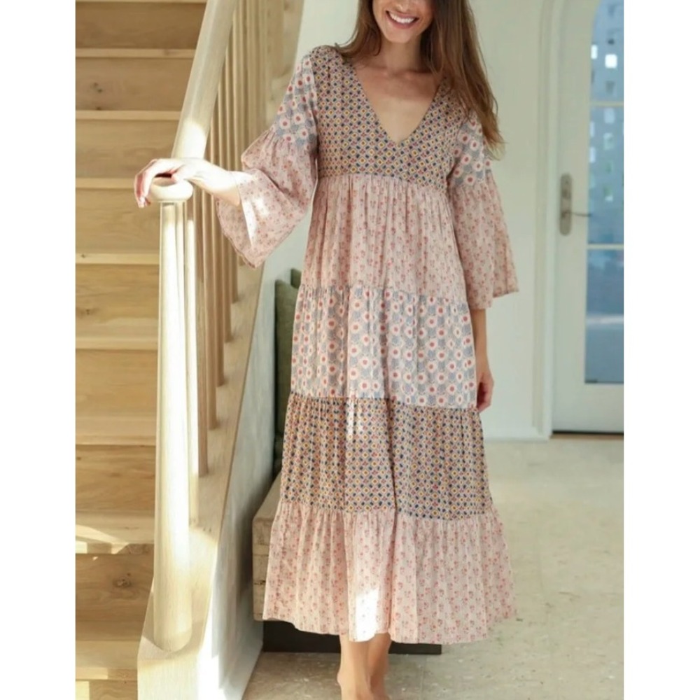 NATURAL LIFE Charlotte Patchwork Mixed Print Tiered Cotton Maxi Dress